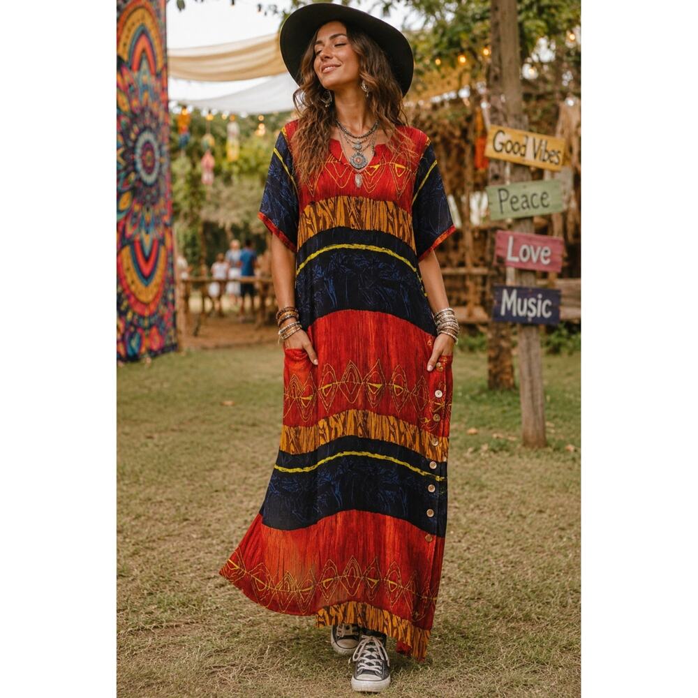 Vtg  90s Artsy Rayon Kaftan Maxi Dress Medium Boho Festival Abstract Gypsy